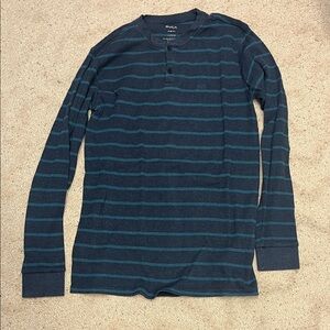 RVCA Men's Navy and Teal Striped Henley Shirt Slim Fit